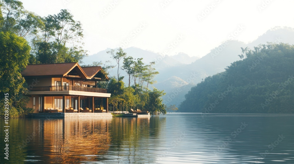 Naklejka premium A peaceful lakeside wellness center in Asia, where travelers focus on detox and rejuvenation through meditation, organic nutrition, and outdoor activities like kayaking