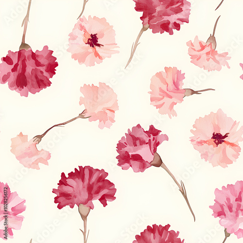 Wallpaper Mural Delicate watercolor carnations in soft pink and red tones, floating on a light cream background, seamless pattern Torontodigital.ca
