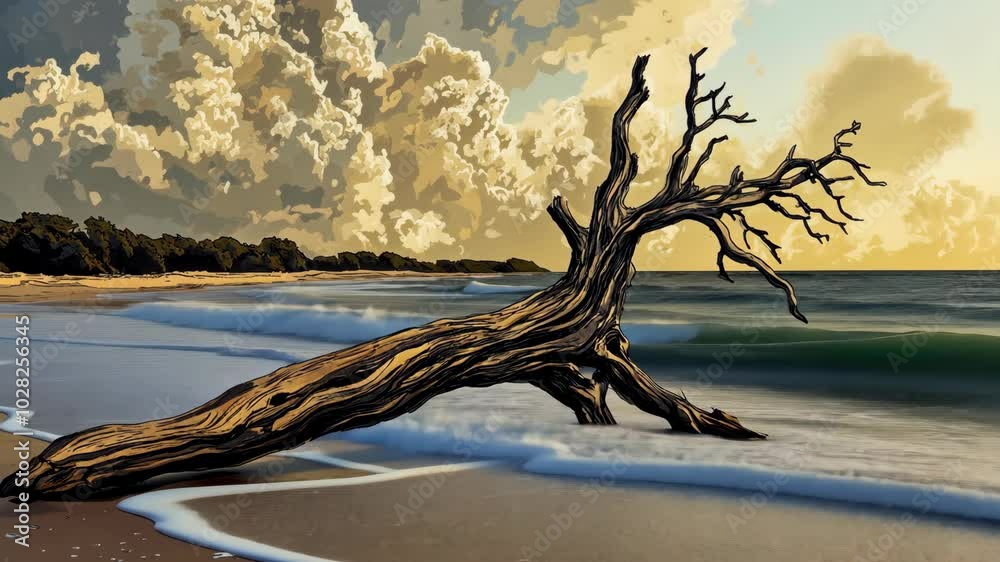 A weathered tree trunk lies on a sandy beach, its branches reaching out towards the ocean. Fluffy clouds fill the sky above A weathered tree trunk lies on a sandy beach, its branches reaching out towards the ocean. Fluffy clouds fill the sky above