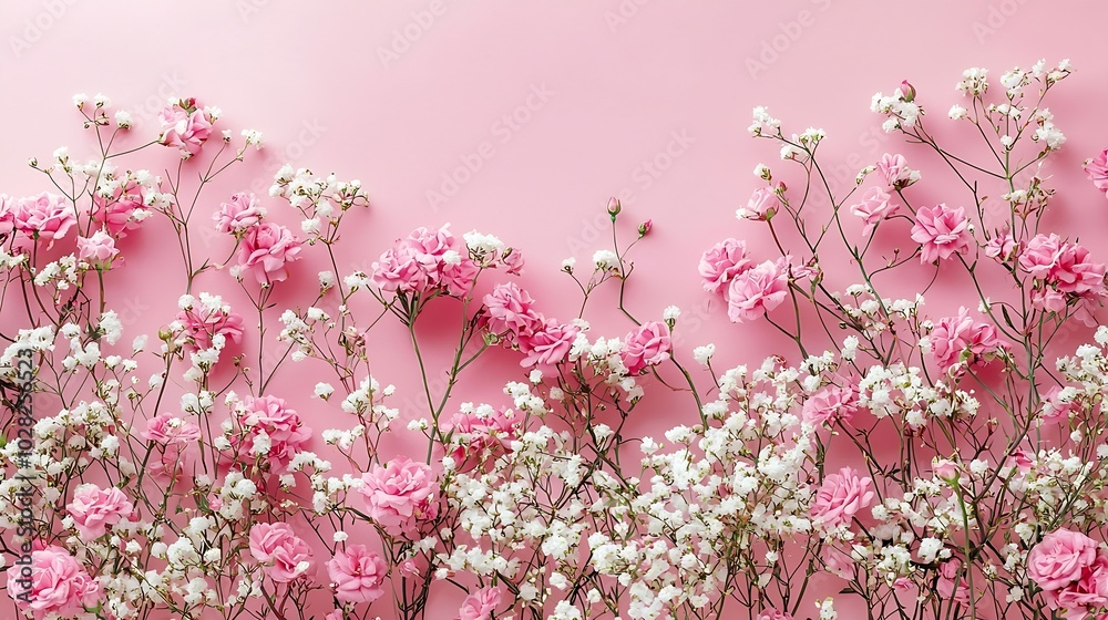 Obraz premium Rose and gypsophila flowers frame on pink background Cope space Top view : Generative AI