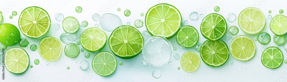 Fresh lime and lemon slices arranged beautifully with ice cubes, creating vibrant and refreshing visual perfect for cocktails or summer drinks. 
