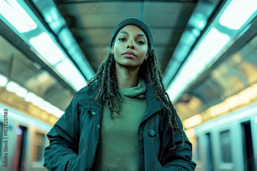 An urban female commuter standing in a subway station, wearing casual yet stylish clothing, An urban female commuter standing in a subway station, wearing casual yet stylish clothing,