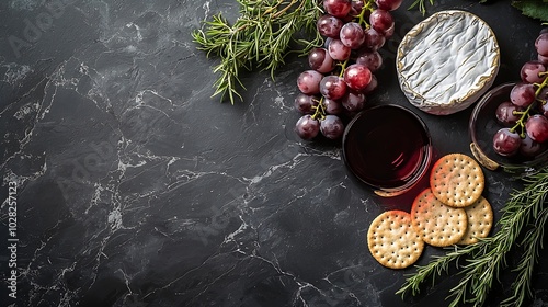 Caciocavallo cheese with grapes crackers and red wine Dark background Top view : Generative AI photo