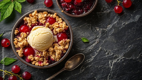 Cherry red berry crumble with ice cream in bowls Grey stone background Top view : Generative AI