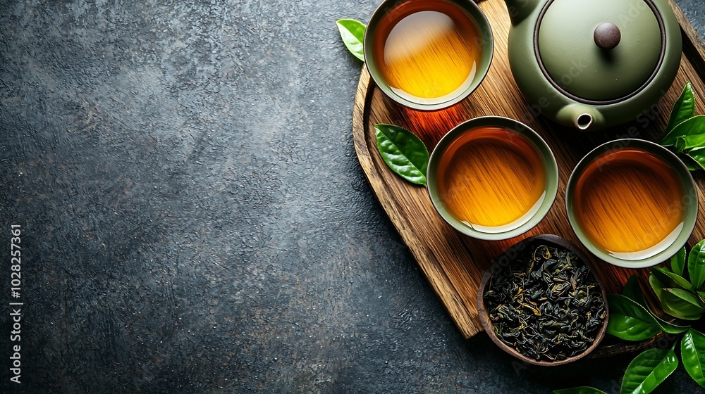 Green tea oolong in teapot and chawan bowls cups on a wooden tray Grey background Top view : Generative AI Green tea oolong in teapot and chawan bowls cups on a wooden tray Grey background Top view : Generative AI