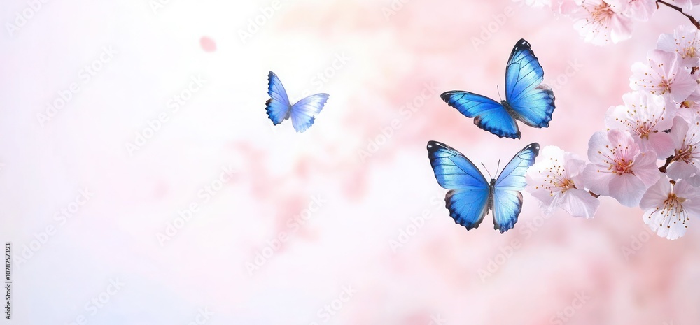 Cherry Blossoms and Blue Butterflies in Ultra High-Definition Panoramic View with Soft Pink Background and Natural Lighting for Commercial Photography Cherry Blossoms and Blue Butterflies in Ultra High-Definition Panoramic View with Soft Pink Background and Natural Lighting for Commercial Photography