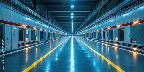 Rows of automated chicken coops in a sustainable poultry farm, showing a balance of technology and animal welfare.