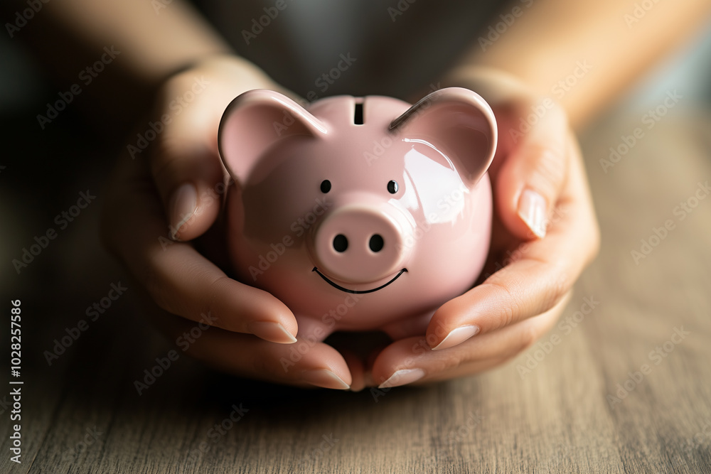 Gentle Hands Holding Smiling Piggy Bank for Financial Security and Savings Gentle Hands Holding Smiling Piggy Bank for Financial Security and Savings