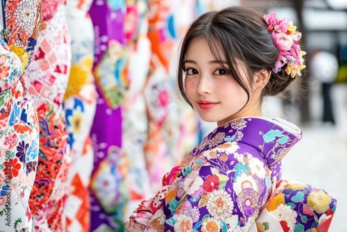 Colorful Kimono Selfie at Japanese Temple: Woman Captures Moment with Kimono Wall in Background