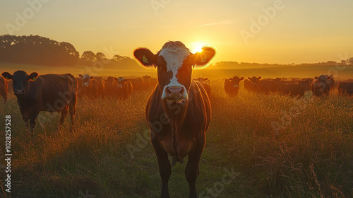 Rural farming at sunrise, with fields of crops and herds of cattle beginning their day in a peaceful countryside setting. photo