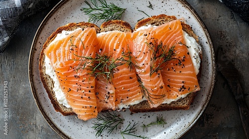 Sandwich toast with smoked salmon and cream cheese on white plate with Scottish flag Grey background Top view : Generative AI photo