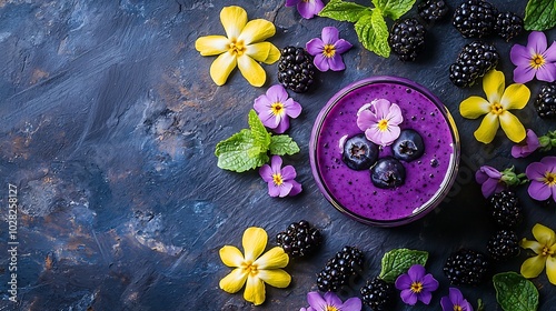 Blueberry blackberry honeysuckle honeyberry smoothie with violet syrup and acai berry powder on a stone background : Generative AI photo