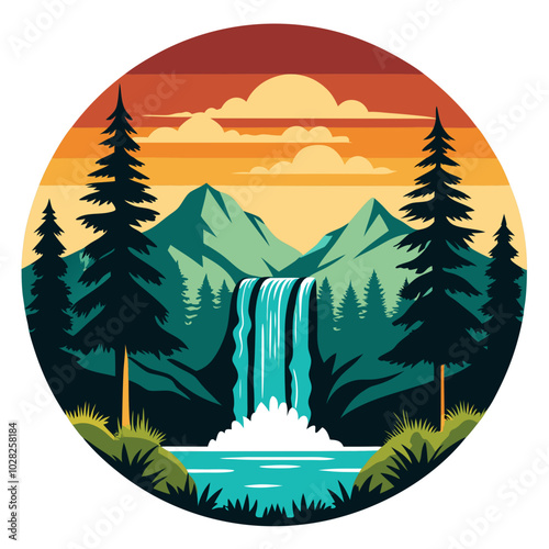 Waterfall Silhouette in Forest on Retro Vintage Background. Vector T-shirt Design
