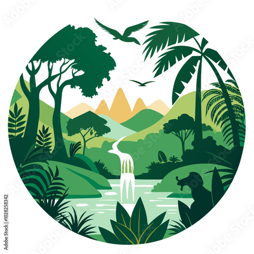 Rainforest Canopy silhouette with river and wildlife on retro vintage background. Vector T-shirt Design.