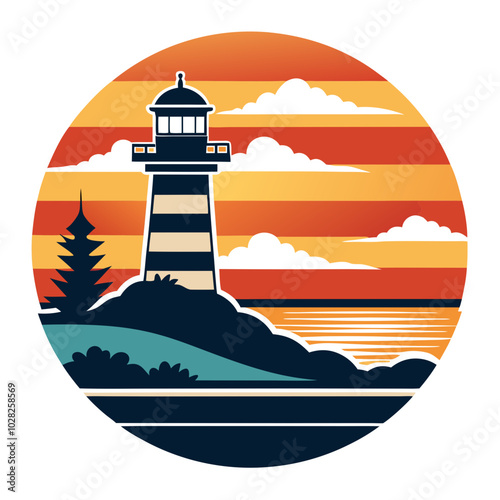 Lighthouse silhouette on the coastal shoreline on a retro vintage background. Vector t-shirt design.