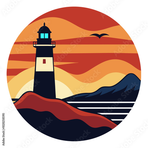 Lighthouse silhouette on the coastal shoreline on a retro vintage background. Vector t-shirt design.