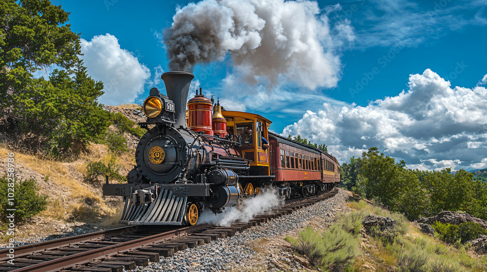 Fototapeta premium A historical train ride on a vintage steam locomotive.