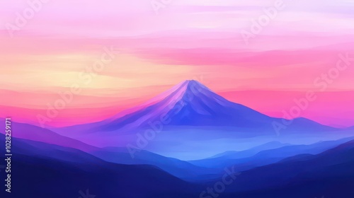 A stunning painting captures a grand mountain range under a vivid sunset, showcasing natures beauty in rich detail.