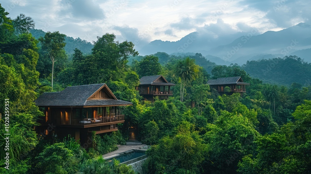 A secluded jungle retreat in a remote region of Asia, where visitors immerse themselves in the natural environment, far from traditional tourist routes A secluded jungle retreat in a remote region of Asia, where visitors immerse themselves in the natural environment, far from traditional tourist routes