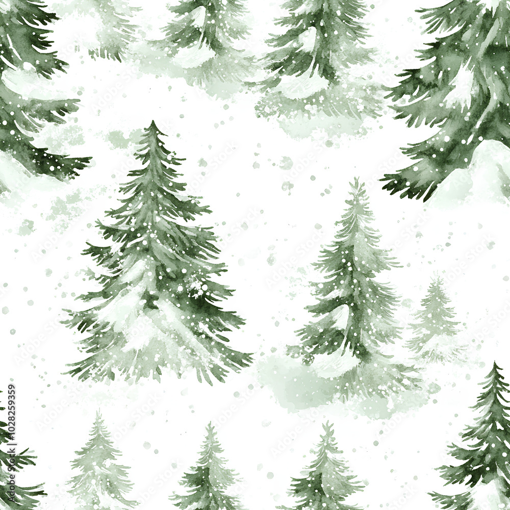 Obraz premium Minimalist watercolor fir trees with snow, soft green and white tones, airy composition, seamless repeat