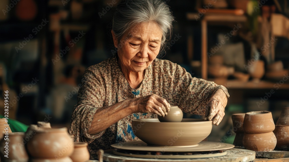A senior Asian woman skillfully making pottery on a spinning wheel, her hands shaping the clay with precision, continuing the ancient craft in a serene, rustic workshop A senior Asian woman skillfully making pottery on a spinning wheel, her hands shaping the clay with precision, continuing the ancient craft in a serene, rustic workshop