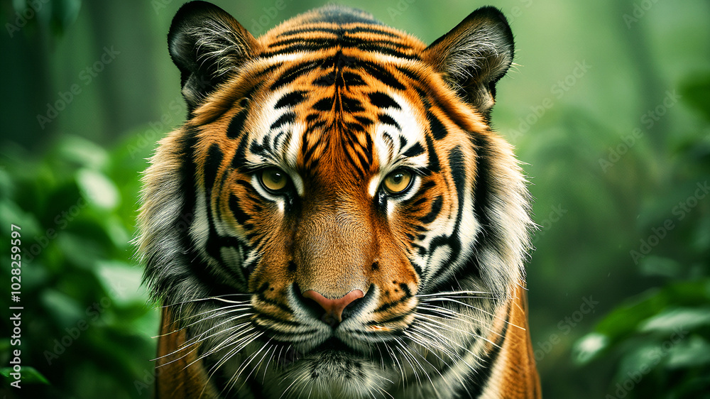 Fototapeta premium Tiger Stalking Through Dense Jungle Foliage. Image captures the intensity of a Bengal tiger amidst a jungle setting, making it perfect for projects related wildlife, nature, and conservation efforts.