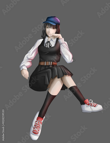 Anime girl wears a black vest