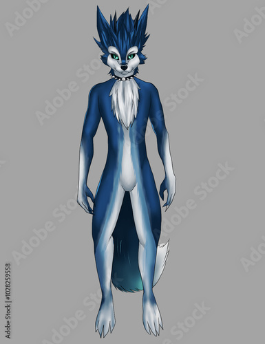 Blue furry character on front view