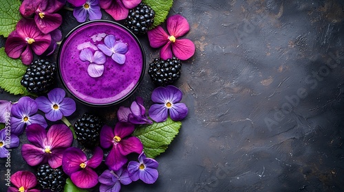 Blueberry blackberry honeysuckle honeyberry smoothie with violet syrup and acai berry powder on a stone background Copy space : Generative AI photo