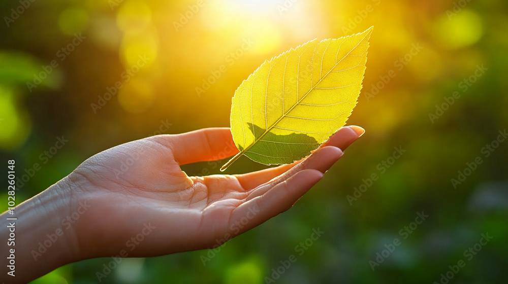 hand gently holds a green leaf, symbolizing connection with nature, sustainable energy, and environmental harmony. This image evokes themes of renewal, growth, and ecological care hand gently holds a green leaf, symbolizing connection with nature, sustainable energy, and environmental harmony. This image evokes themes of renewal, growth, and ecological care