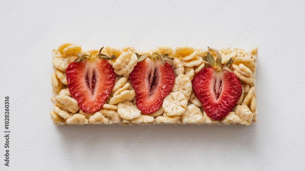 Granola Bar with Sliced Strawberries and Nuts on Top in a Healthy Snack Close-Up