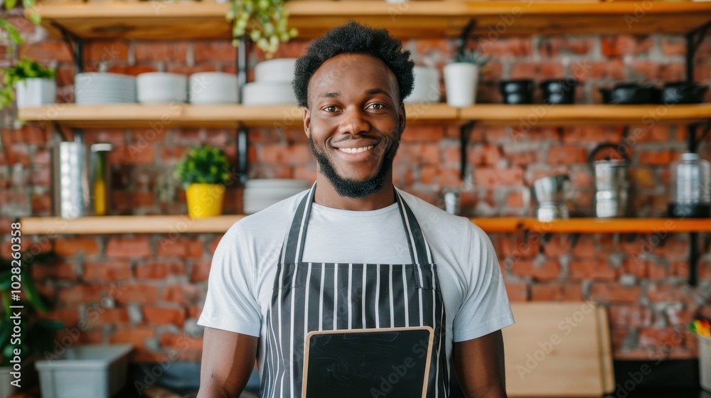 Smiling man wearing an apron stands in a kitchen with brick wall and wooden shelves, embodying a warm and welcoming cooking atmosphere. Smiling man wearing an apron stands in a kitchen with brick wall and wooden shelves, embodying a warm and welcoming cooking atmosphere.