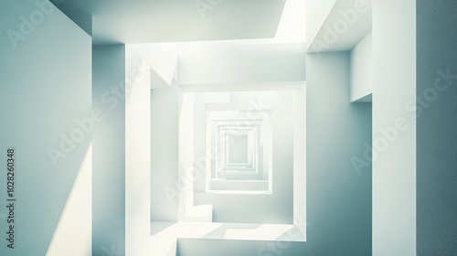 An abstract 3D rendering of a white geometric structure with a hallway leading into the distance.