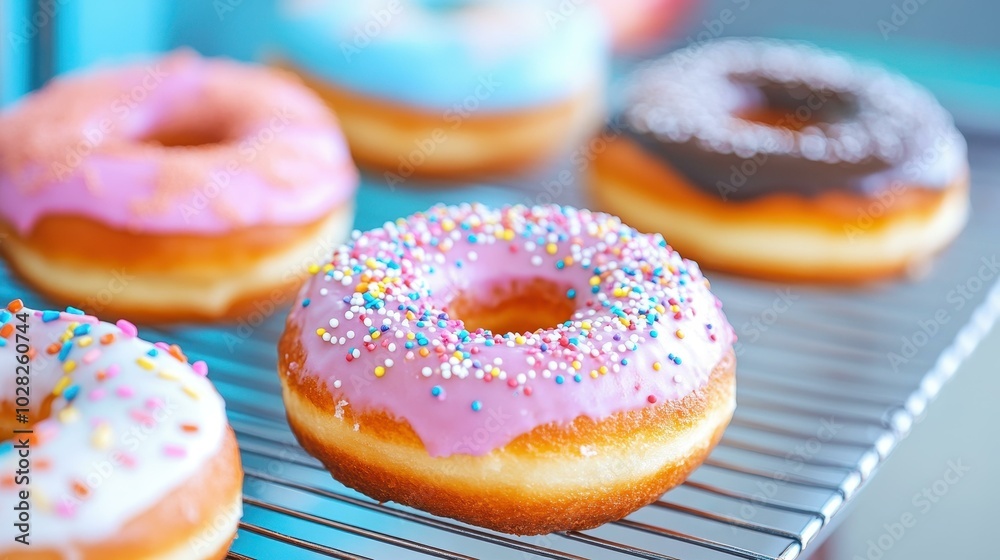 Indulge in a vibrant array of donuts, each topped with unique frostings and sprinkles, creating a sweet feast for the eyes. Indulge in a vibrant array of donuts, each topped with unique frostings and sprinkles, creating a sweet feast for the eyes.