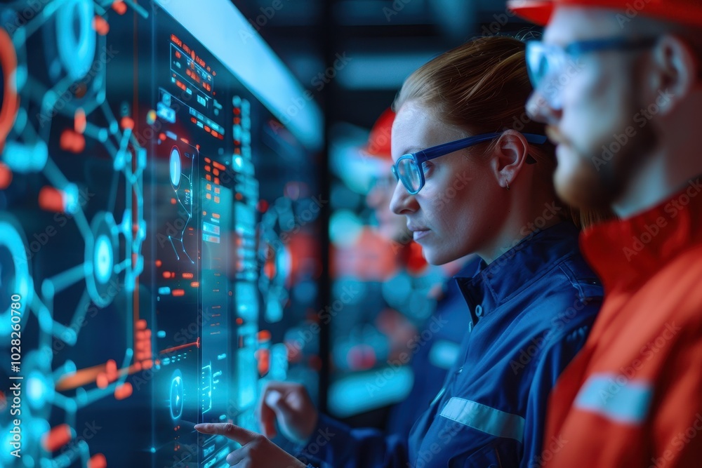 Two engineers analyzing data on a digital screen in a high-tech control room, focusing on futuristic technology and innovation. Two engineers analyzing data on a digital screen in a high-tech control room, focusing on futuristic technology and innovation.