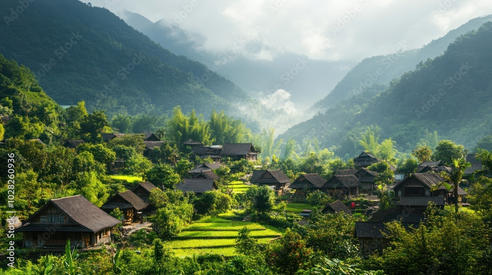 A traditional Asian village nestled in the mountains, where tourists can stay with local families, participate in daily farming activities, and learn about traditional crafts and cooking A traditional Asian village nestled in the mountains, where tourists can stay with local families, participate in daily farming activities, and learn about traditional crafts and cooking