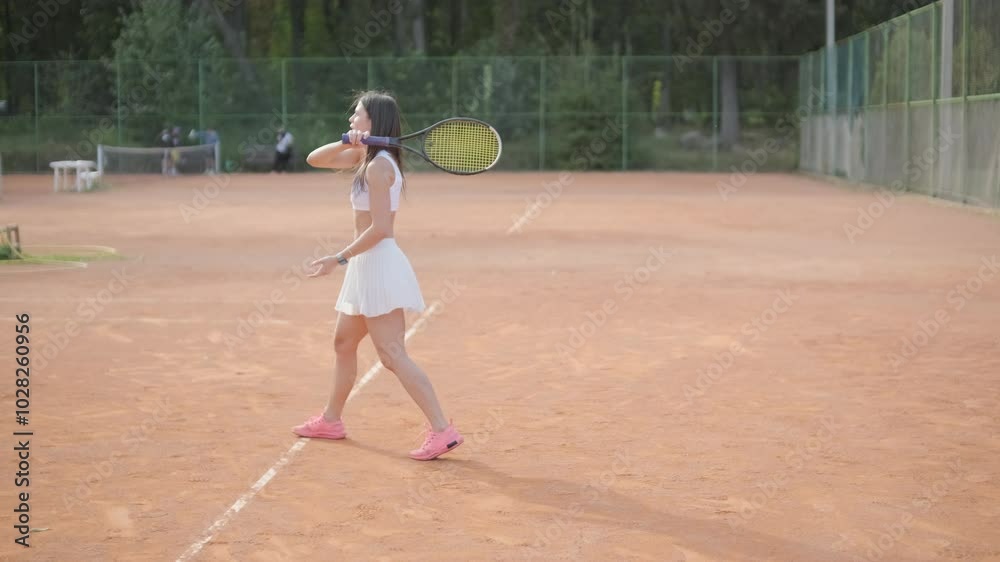 Beautiful Tennis Girl Practicing Serve on Outdoor Court Beautiful Tennis Girl Practicing Serve on Outdoor Court