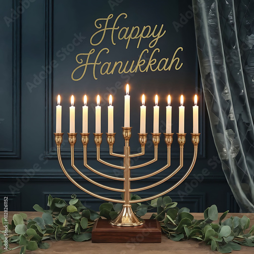A post design with text happy hanukkah in a candles celebrating lights background