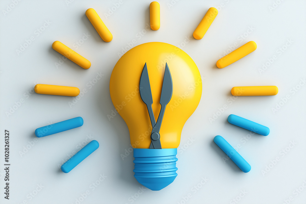 A uniquely shaped yellow light bulb sits on a blue background. The background has various abstract shapes.