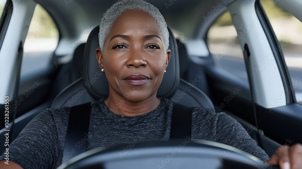 Obraz premium Confident Senior Woman Driving Electric Car Modern Transportation Future Mobility