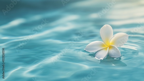 Single White Plumeria Flower Floating in Tranquil Blue Water