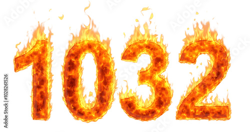 numbers 1, 0, 3, and 2 on fire , ablaze with flames on a transparent background 