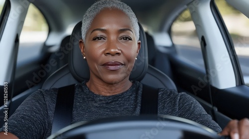 Confident Senior Woman Driving Electric Car Modern Transportation Future Mobility