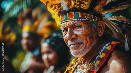 A tribal leader from an ancient Asian heritage, dressed in ceremonial attire, leading his community in a cultural celebration, passing down traditions to the younger generation