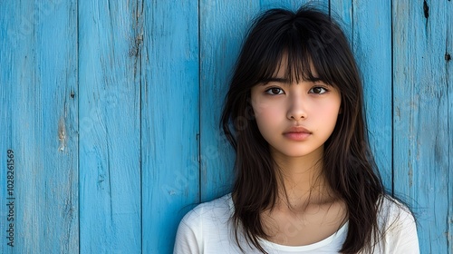 Beautiful vietnamese woman standing near colorful blue wooden wall Copy space : Generative AI