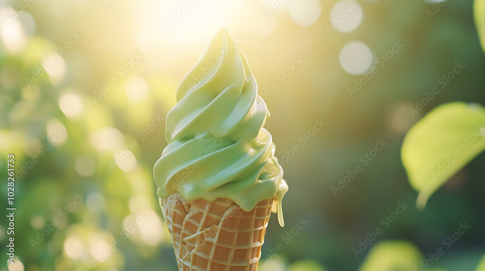 Cold and creamy melon ice cream cone melting slightly Cold and creamy melon ice cream cone melting slightly