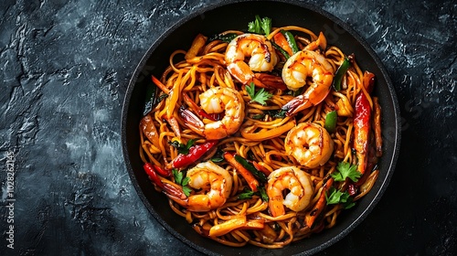 Stir fry noodles with vegetables and shrimps in black pan Slate background Top view : Generative AI