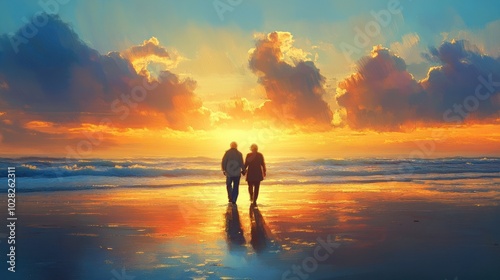 A couple walking on the beach at sunset, creating a serene and romantic atmosphere.