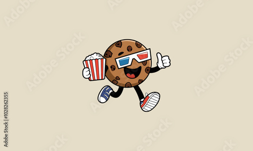 Happy cookie character wearing 3D glasses with popcorn.