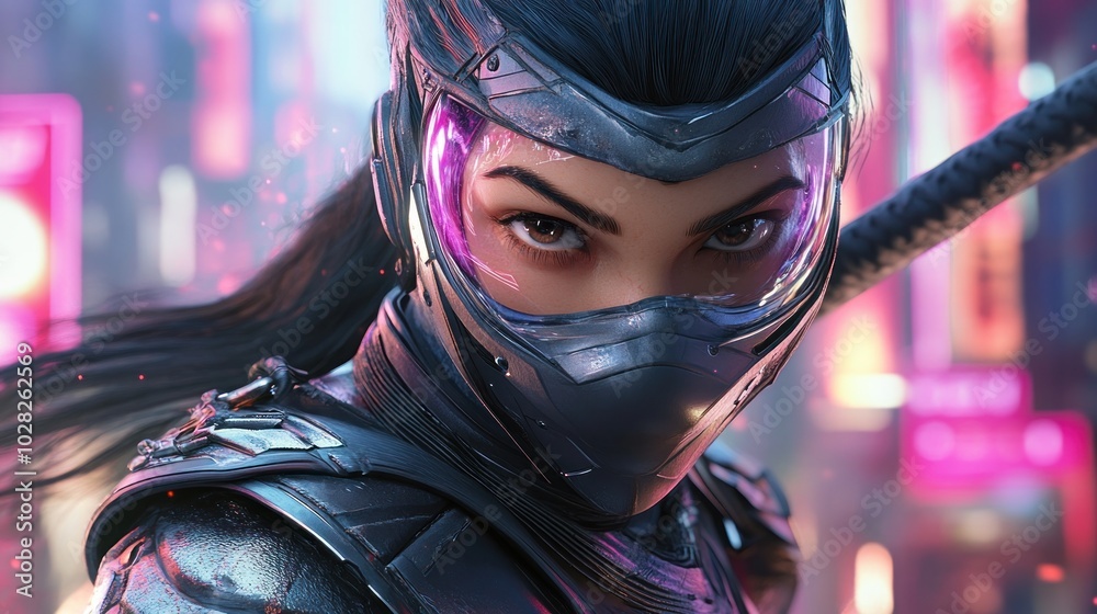 A fierce, masked warrior with a katana in a neon-lit urban environment. A fierce, masked warrior with a katana in a neon-lit urban environment.